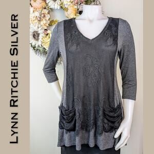 Lynn Ritchie Silver Heather Gray Black Lace Flowy Jersey Tunic Top Size Medium
